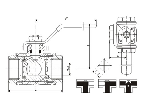 Q14F内螺纹三通球阀,压力材质:PN16/40C/P/R,介质:分流或混合流体